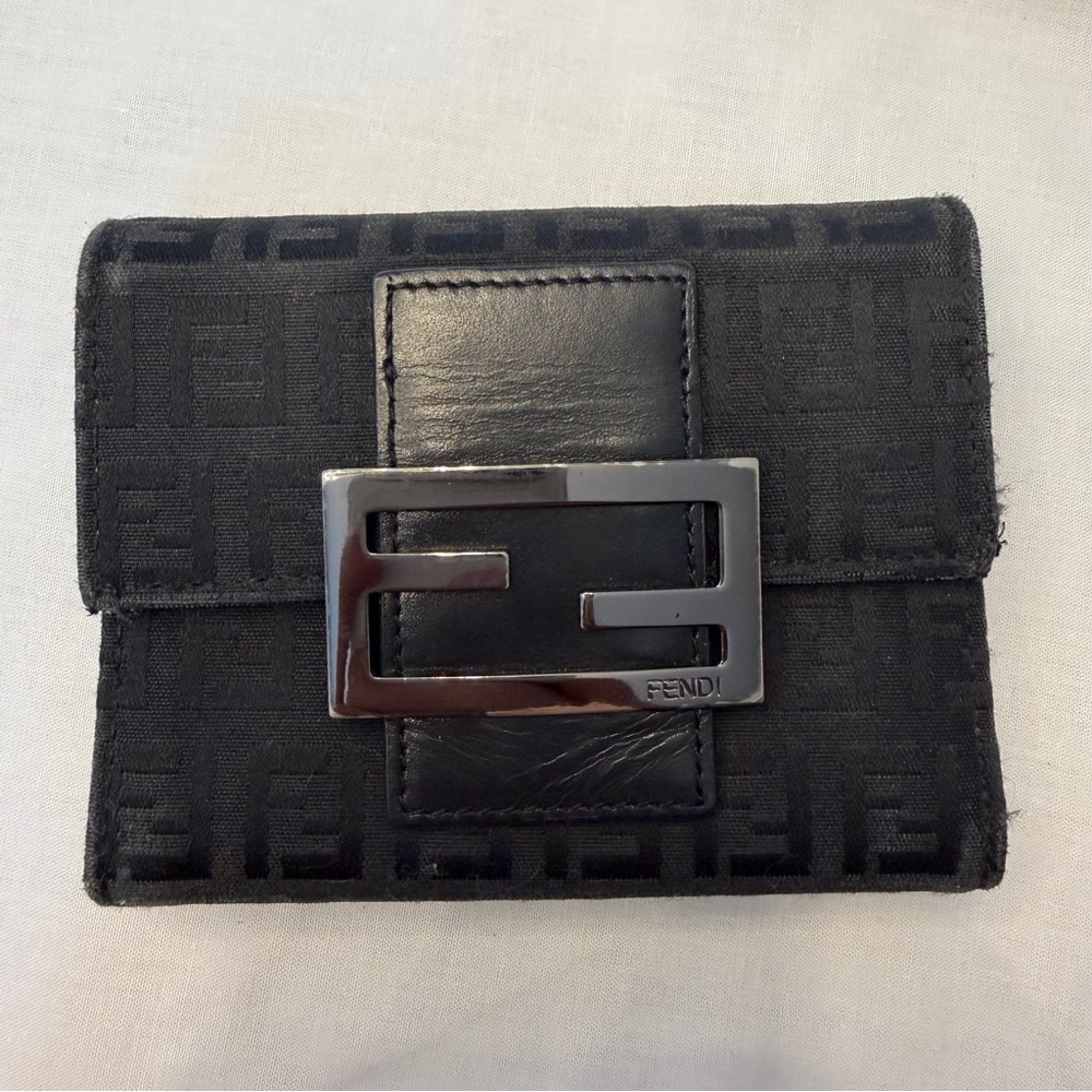 Fendi Zucca FF Logo Trifold Wallet Black Canvas Leather Metal Buckle